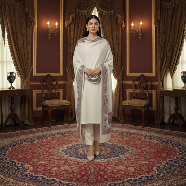 Mughal Charm Kingri Embroidered Shawl - White