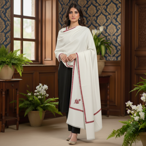 Kashmir Heritage Embroidered Pashmina Shawl - White