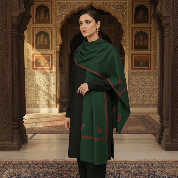 Embroidered Kingri Woolen Stole - Green