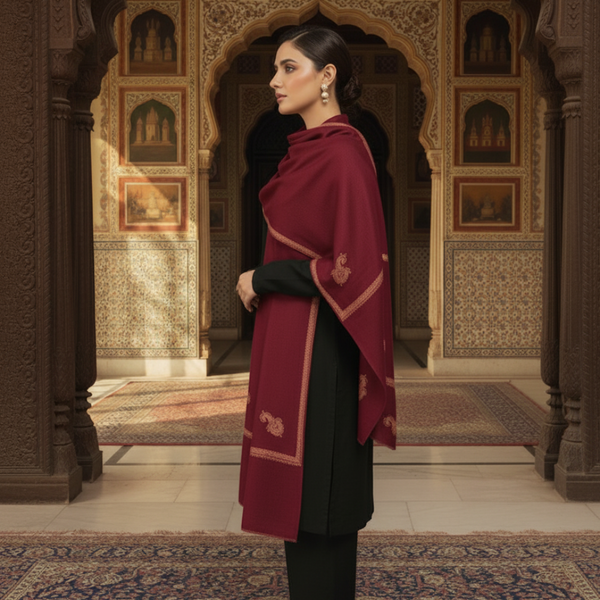 Embroidered Kingri Woolen Stole - Maroon