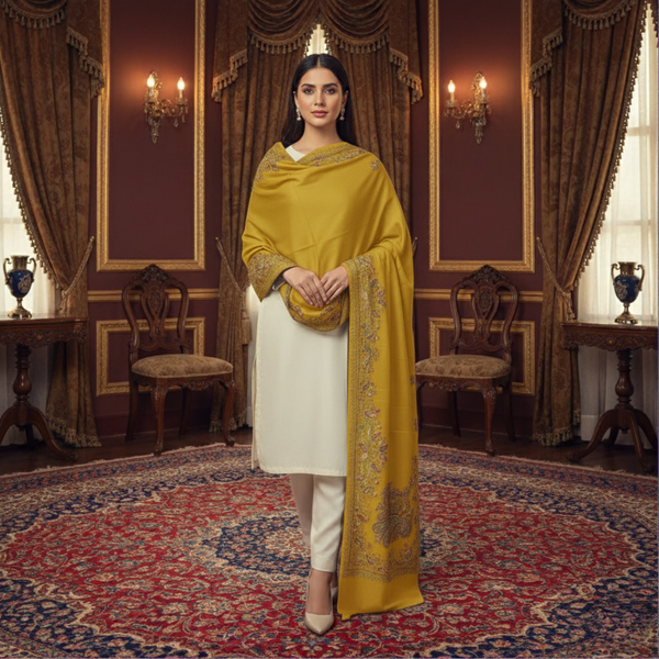 Mughal Charm Kingri Embroidered Shawl - Mustard