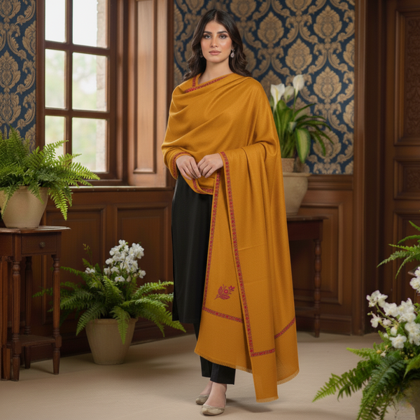 Kashmir Heritage Embroidered Pashmina Shawl - Mustard