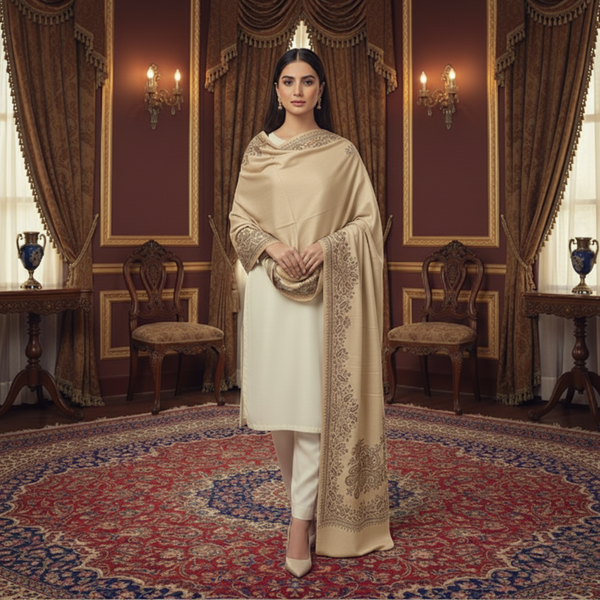 Mughal Charm Kingri Embroidered Shawl - Tan