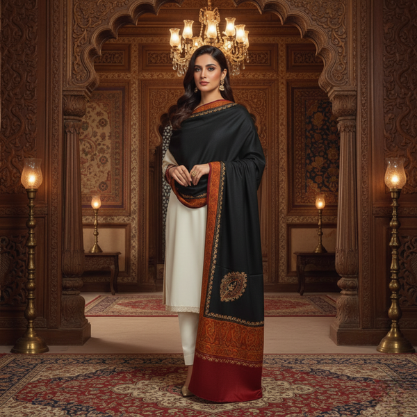 Ornate Floral Woolen Shawl - Black