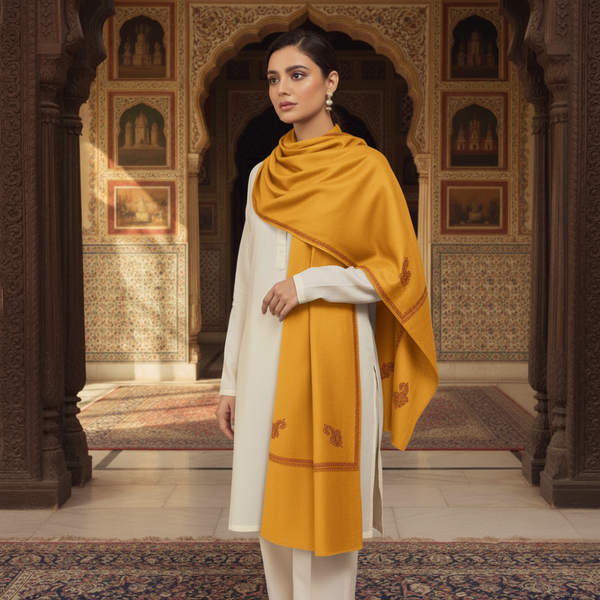 Embroidered Kingri Woolen Stole - Mustard