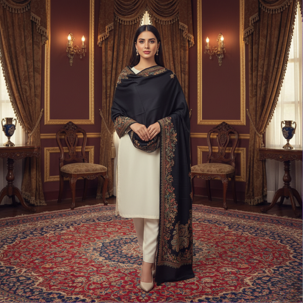 Mughal Charm Kingri Embroidered Shawl - Black
