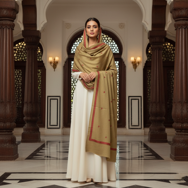 Traditional Kashmiri Embroidered Pashmina Shawl - Tan