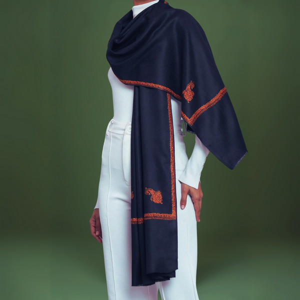 Embroidered Kingri Woolen Stole - Navy