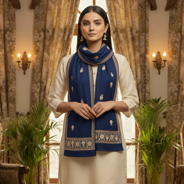 Heer Floral Pashmina Stole - Blue