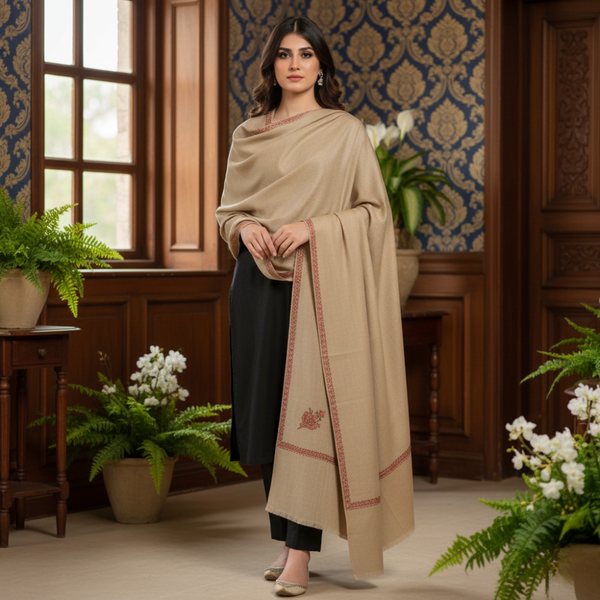 Kashmir Heritage Embroidered Pashmina Shawl - Corn Slik