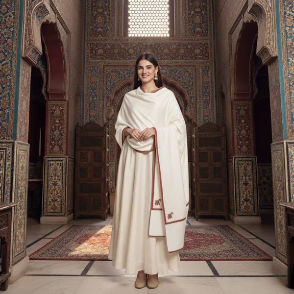Indian Kingri Pashmina Shawl Embroidered - White