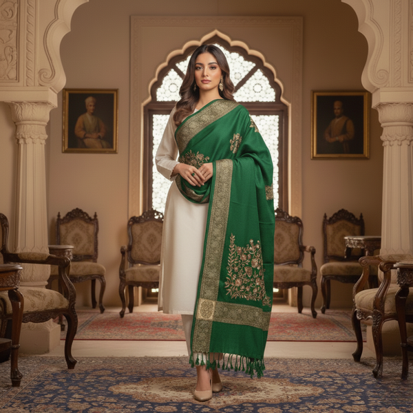 Imperial Luxe Jacquard Woolen Shawl - Green