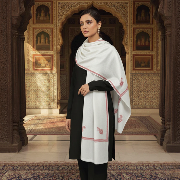 Embroidered Kingri Woolen Stole - White