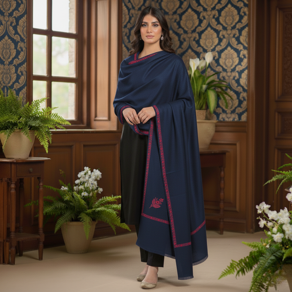 Kashmir Heritage Embroidered Pashmina Shawl - Navy
