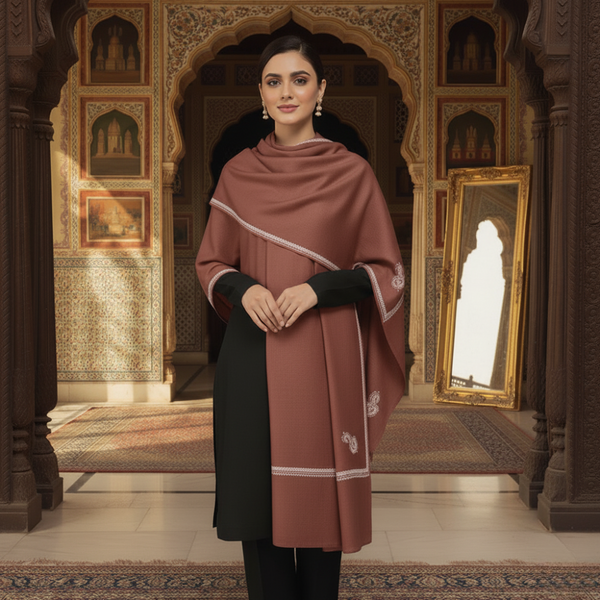 Embroidered Kingri Woolen Stole - Cinnamon