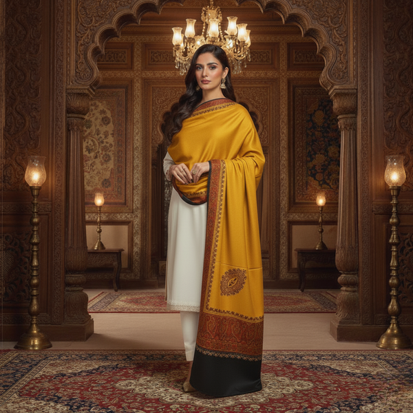 Ornate Floral Woolen Shawl - Mustard