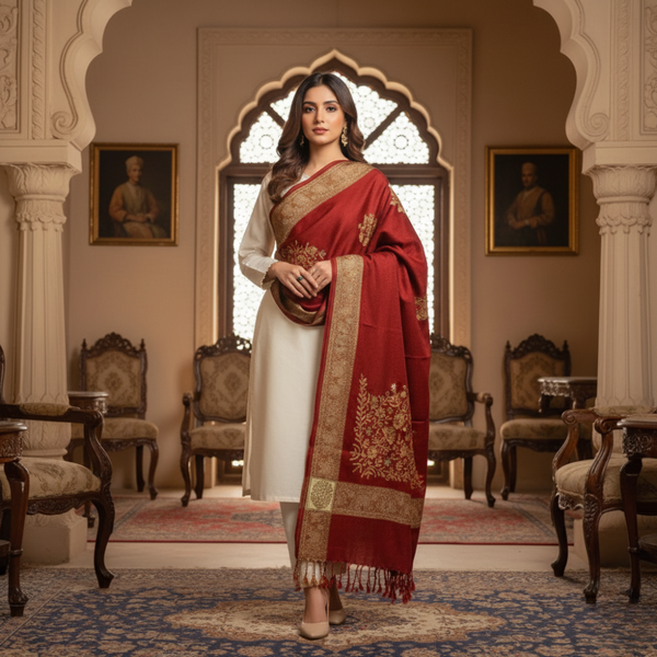 Imperial Luxe Jacquard Woolen Shawl - Ruby