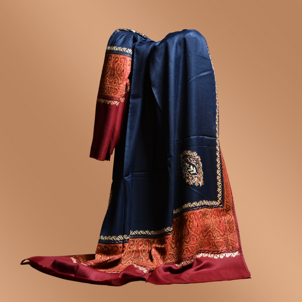 Ornate Floral Woolen Shawl - Navy