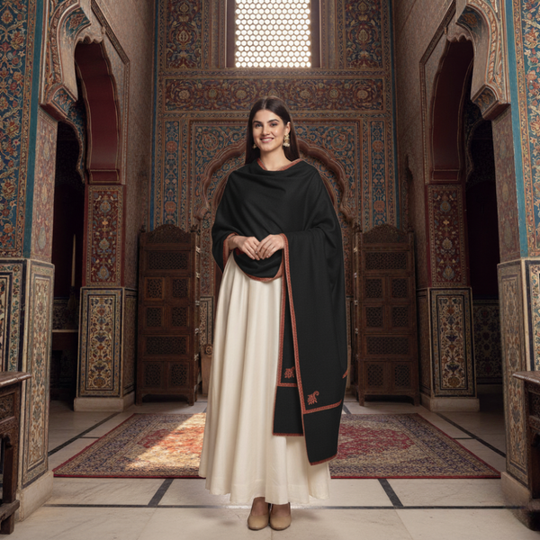 Indian Kingri Pashmina Shawl Embroidered - Black