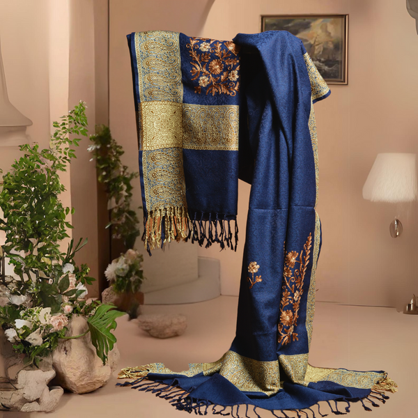 Imperial Luxe Jacquard Woolen Shawl - Blue