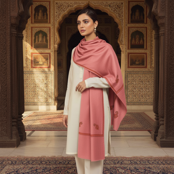 Embroidered Kingri Woolen Stole - Pink