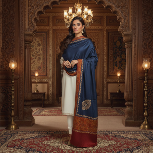 Ornate Floral Woolen Shawl - Navy