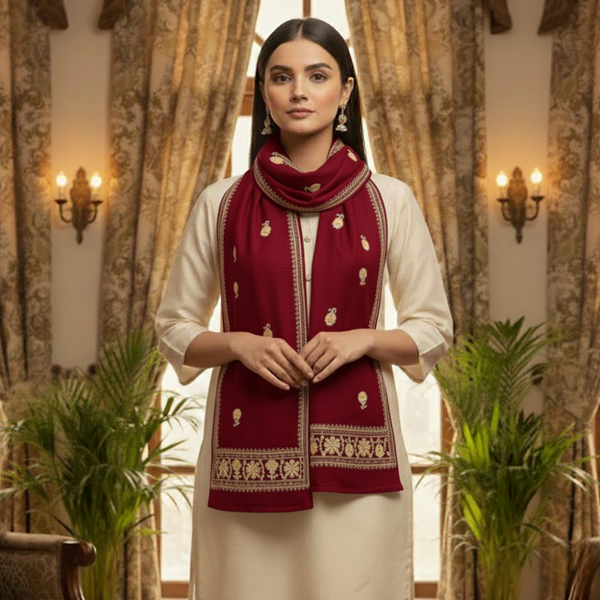 Heer Floral Pashmina Stole - Red