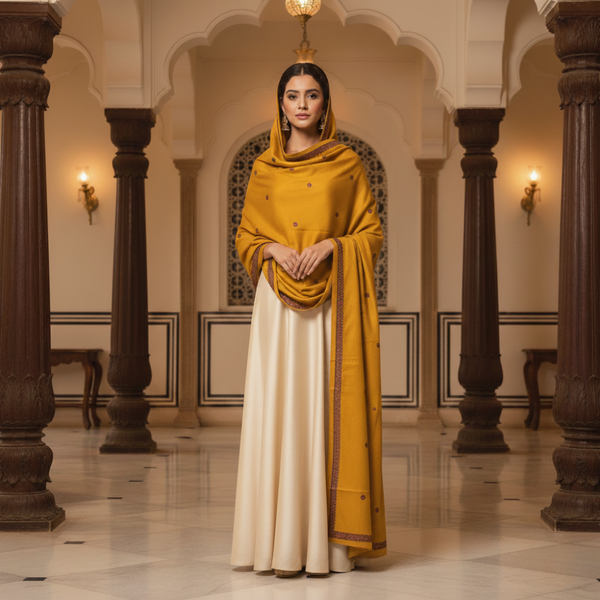 Traditional Kashmiri Embroidered Pashmina Shawl - Mustard