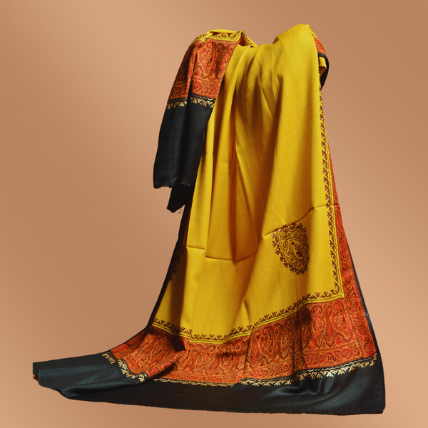 Ornate Floral Woolen Shawl - Mustard