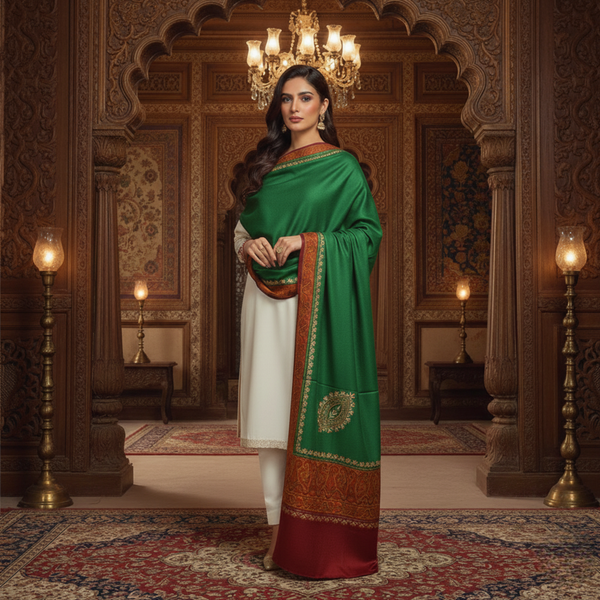 Ornate Floral Woolen Shawl - Green