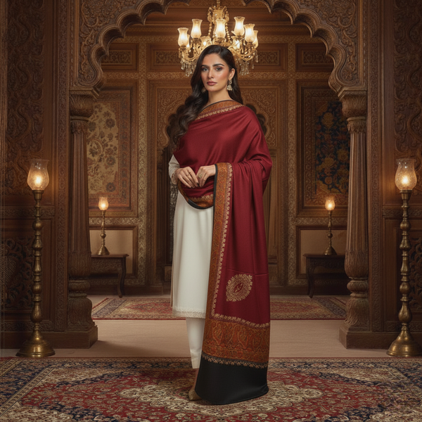 Ornate Floral Woolen Shawl - Maroon