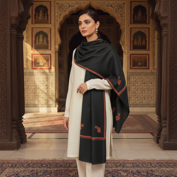 Embroidered Kingri Woolen Stole - Black