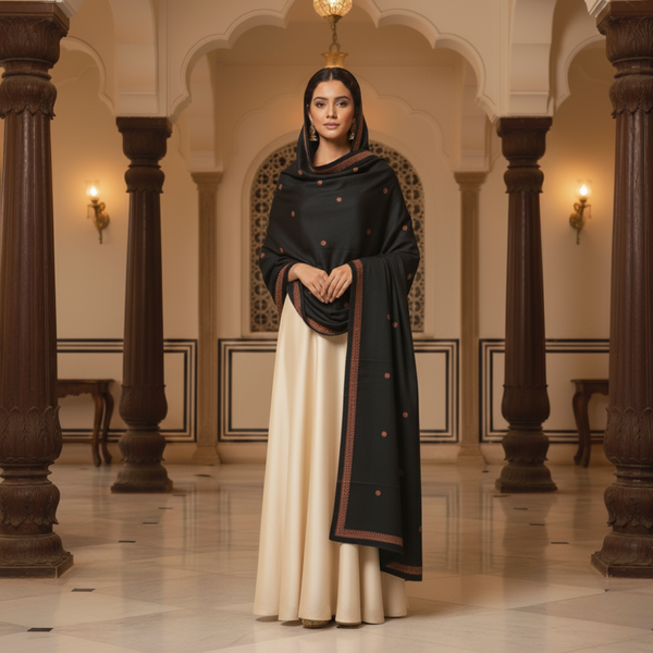 Traditional Kashmiri Embroidered Pashmina Shawl - Black