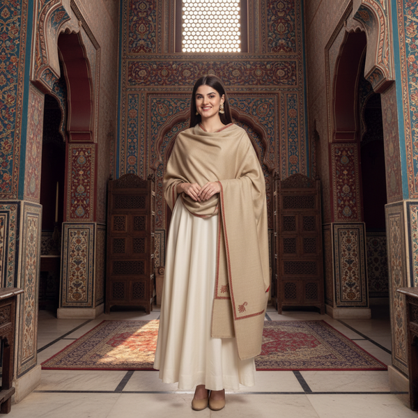 Indian Kingri Pashmina Shawl Embroidered - Tan
