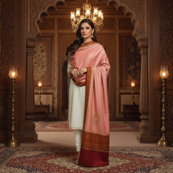 Ornate Floral Woolen Shawl - Blush
