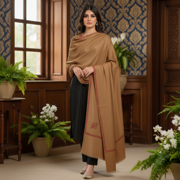 Kashmir Heritage Embroidered Pashmina Shawl - Tan