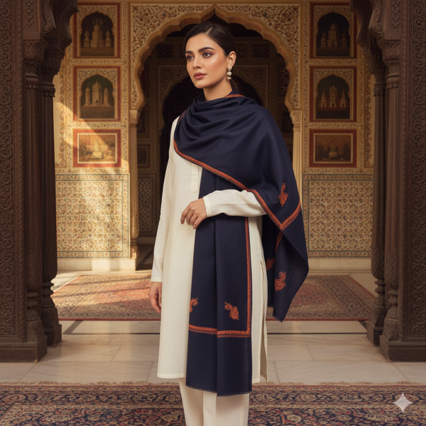 Embroidered Kingri Woolen Stole - Navy