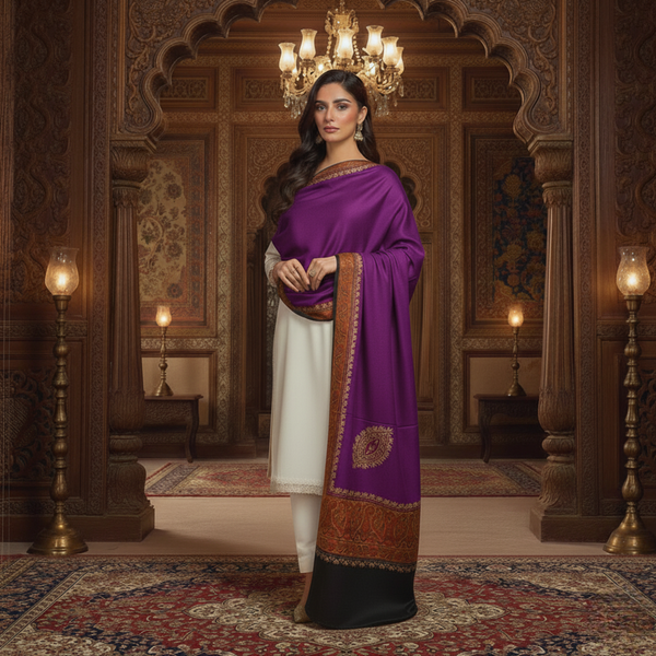 Ornate Floral Woolen Shawl - Hot Pink