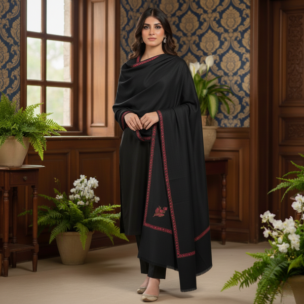 Kashmir Heritage Embroidered Pashmina Shawl - Black