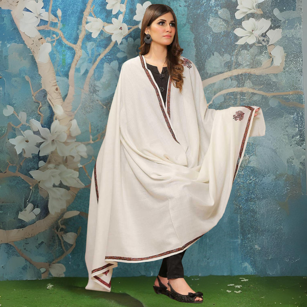 Kashmir Heritage Embroidered Pashmina Shawl - White