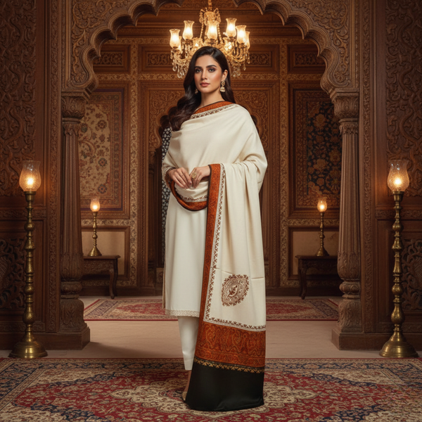 Ornate Floral Woolen Shawl - White