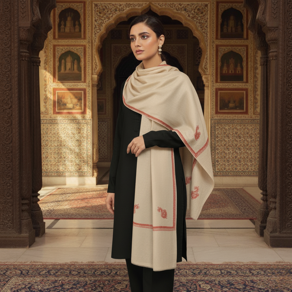 Embroidered Kingri Woolen Stole - Beige