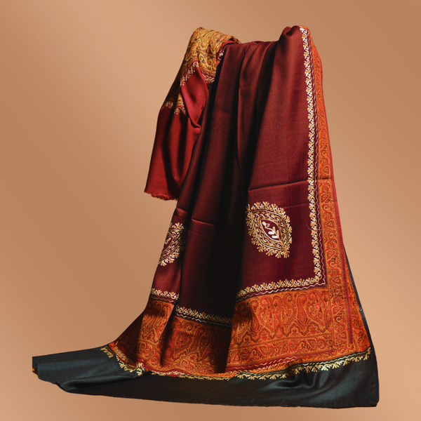 Ornate Floral Woolen Shawl - Maroon