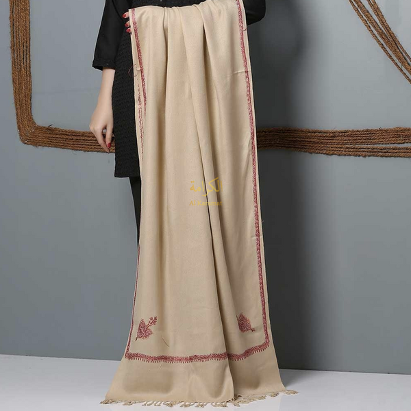 Hand Embroided Naffes Woolen Stole - Beige